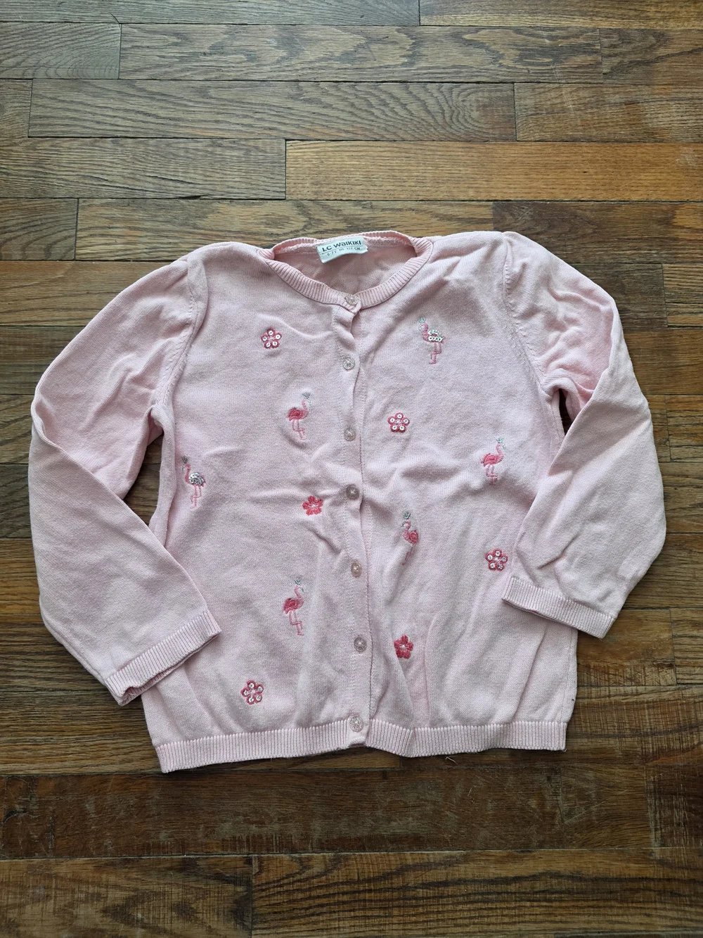 LC Waikiki Girls' Pink Flamingo Embroidered Cardigan Sweater